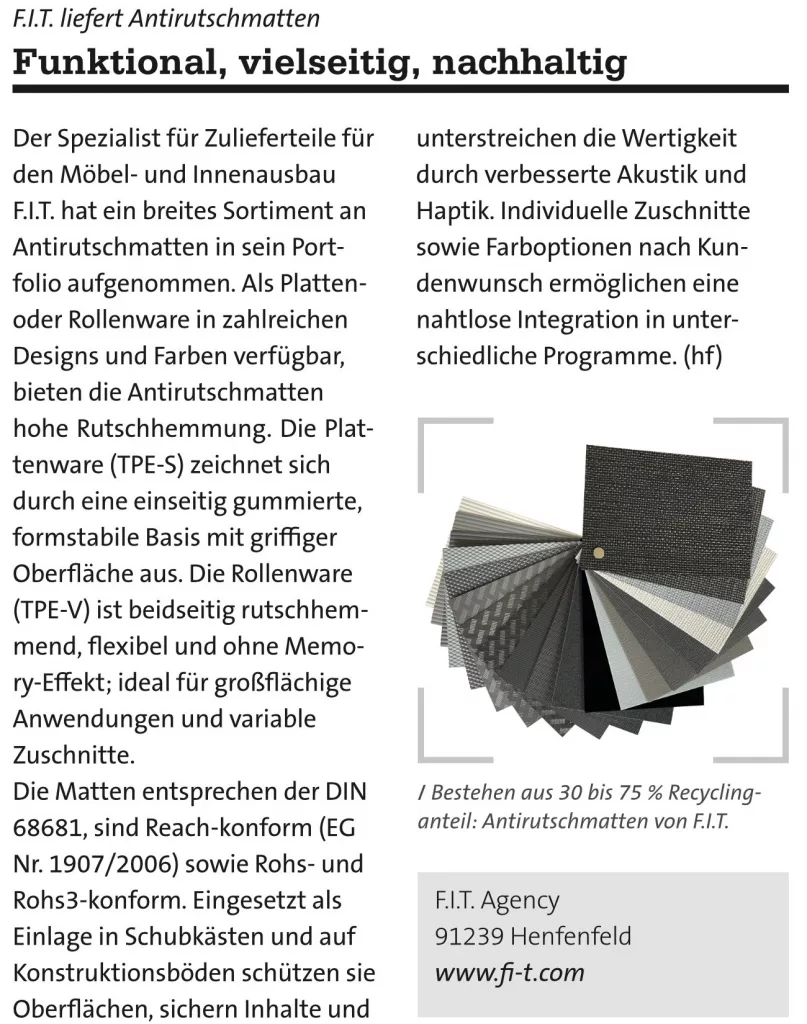 BM 02/26 F.I.T. liefert Antirutschmatten.
Funktional, vielseitig, nachhaltig