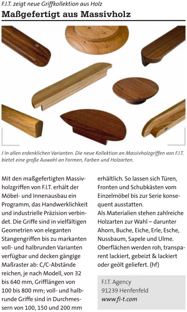 BM Ausgabe 11/25 F.I.T. zeigt neue Griffkollektion aus Holz. Maßgefertigt aus Massivholz